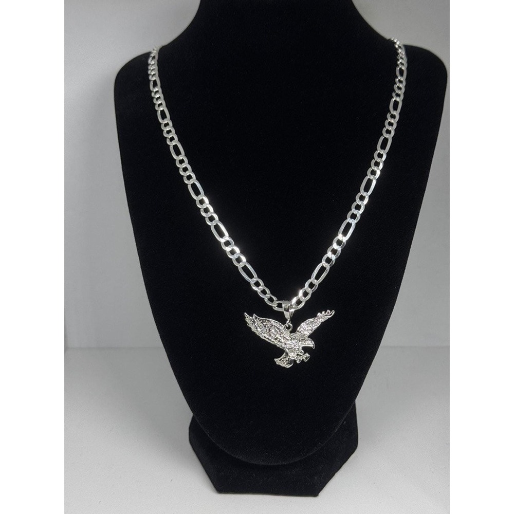 925 Sterling‎ Silver Eagle Pendant Necklace 24 Inch Figaro Chain 22 Grams